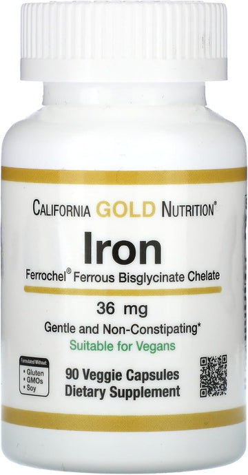 Ferrochel Iron, Ferrous Bisglycinate Chelate Form, Gentle On The Stomach, 36 Mg, 90 Veggie Capsules