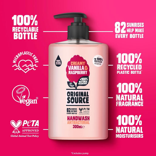 Original Source Vanilla Milk And Raspberry Handwash With 100% Natural Fragrance, Vegan Handwash, Antibacterial, Natural Moisturisers, Multipack Of 6 X 300 Ml