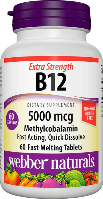 Webber Naturals Vitamin B12 5,000 mcg, 60 Fast-Melting Quick Dissolve Tablets, Supports Energy Production and Metabolism, Gluten Free, Non-GMO, Vegetarian