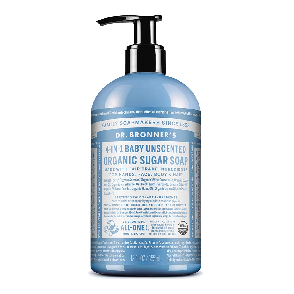 Dr. Bronner’s - Organic Sugar Soap (Baby Unscented, 12 Ounce) - Made with Organic Oils, Sugar and Shikakai Powder, 4-in-1 Use: Hands, Body, Face and Hair, Moisturizes and Nourishes, No Added Fragrance