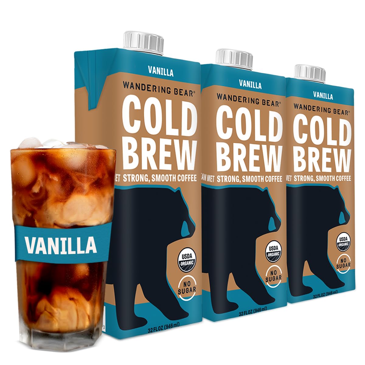 Wandering Bear Organic Vanilla Cold Brew Coffee, 32 Fl Oz, 3 Pack - Extra Strong, Smooth, Organic, Unsweetened, Shelf-Stable, And Ready To Drink Iced Coffee, Cold Brewed Coffee, Cold Coffee