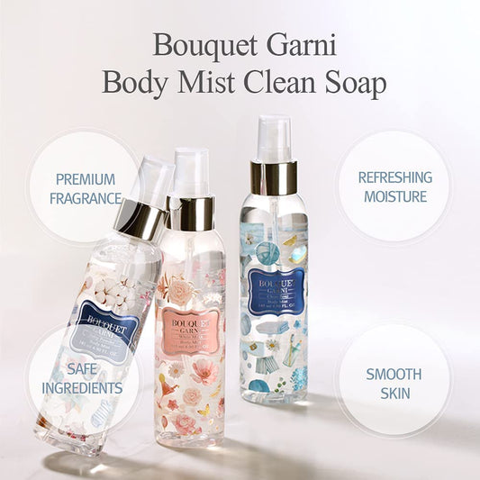 Bouquet Garni Body Mist Clean Soap Fragrance - Long-Lasting Moisture & Fragrance, Mist For Women, Low Irritation (Containing Vitamin E, Citrus Acid) - 4.9 Oz