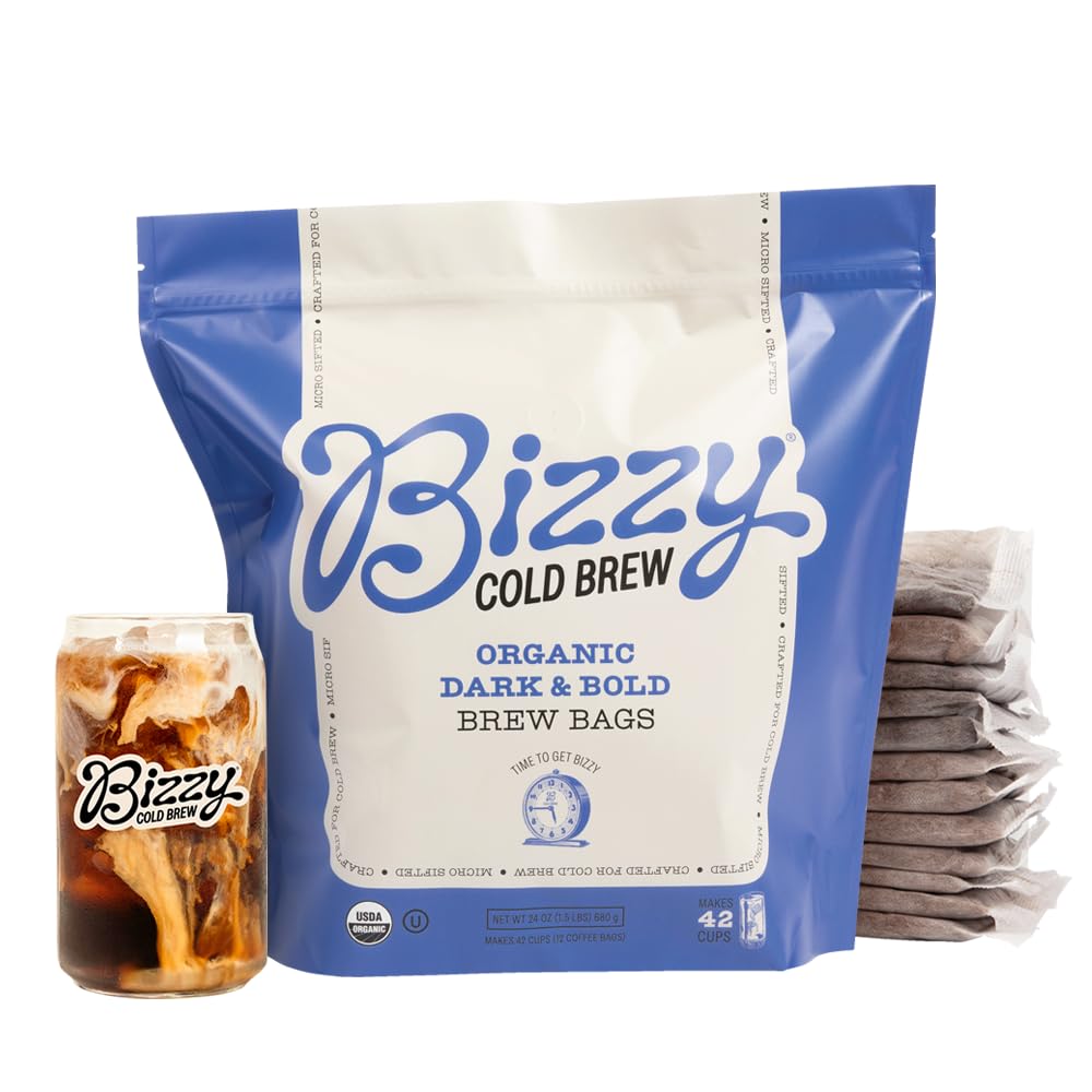 Bizzy Organic Cold Brew Coffee | Dark & Bold Blend | Coarse Ground Coffee | Dark Roast | Micro Sifted | Specialty Grade | 100% Arabica | Brew Bags | 12 Count | Makes 42 Cups