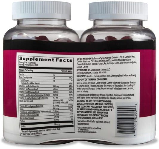 Amazon Basics Adult Multivitamin For Men & Women, 300 Gummies With Vitamins A, C, D, E, B-6 And B-12, 150 Count (Pack Of 2) (150 Day Supply) (Previously Solimo)