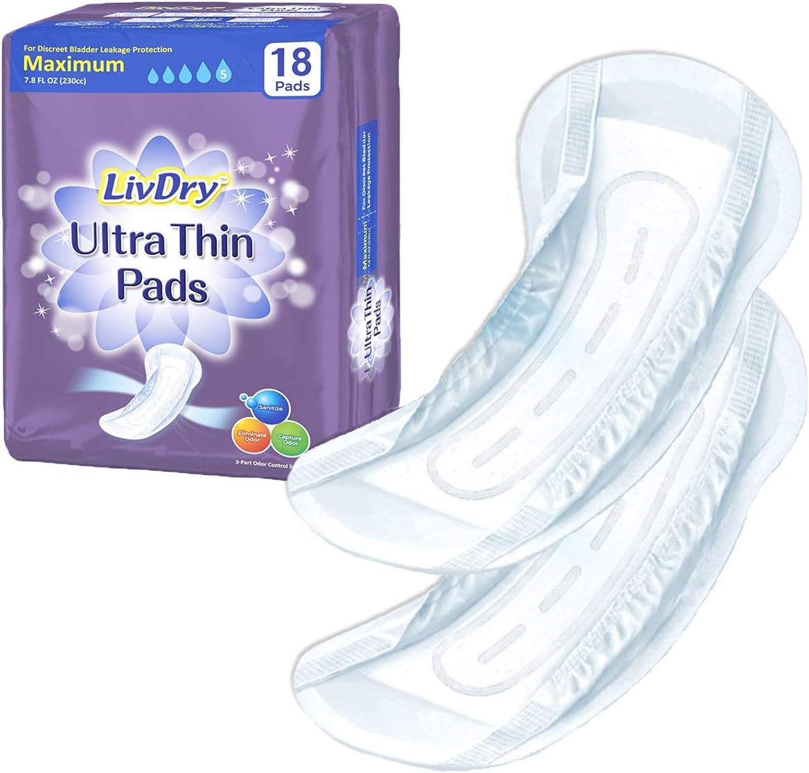 Livdry Incontinence Ultra Thin Pads For Women | Leak Protection And Odor Control | Extra Absorbent (Maximum 18-Count)