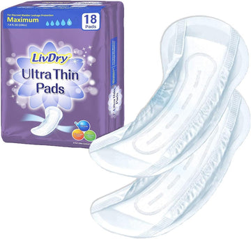 Livdry Incontinence Ultra Thin Pads For Women | Leak Protection And Odor Control | Extra Absorbent (Maximum 18-Count)