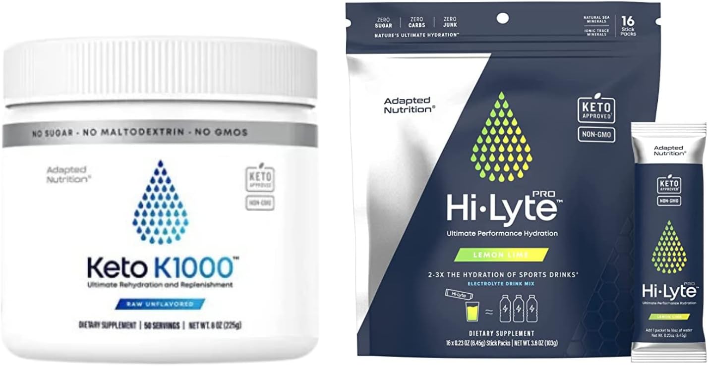 Hi-Lyte Keto K1000 Electrolyte Powder | Hydration Supplement Drink Mix | Raw Mineral Flavor, No Stevia | 50 Servings | Plus Pro Hydration Packets, 16 Individual Drink Packets | Lemon Lime