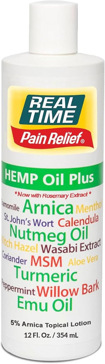 Real Time Pain Relief Hemp Oil Plus 4Oz Tube | 20 Natural Ingredients: 5% Arnica & Turmeric | Fast Absorbing Lotion For Muscles, Hands, Feet, Ankles, Back, Shoulders, Knees & Joints Discomfort