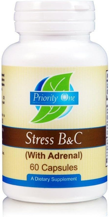 Priority One Vitamins Stress B & C 60 Capsules - B Complex with Whole Gland Adrenal to Support Healthy Nerves, Skin, Eyes, gastrointestinal, and Brain Functions