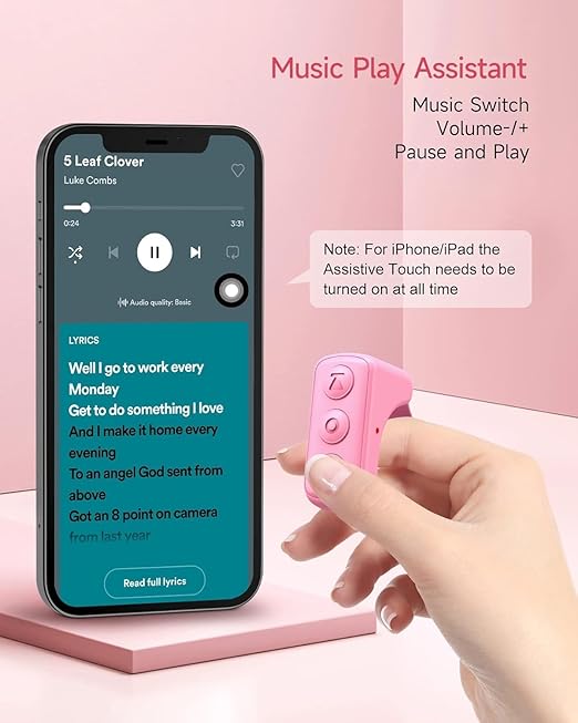 Bluetooth Scrolling Ring Clicker, & Remote Control Page Turner for TikTok, Camera, and Kindle - Compatible with iOS & Android Devices (Pink)