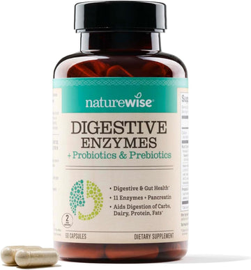 Naturewise Digestive Enzymes - Multi Enzymes With Probiotics + Prebiotics - Bromelain + Papaya Enzyme For Digestion Of Carbs, Fats, Proteins, & Fiber - Soy-Free, Non-Gmo - 60 Capsules[1-Month Supply]