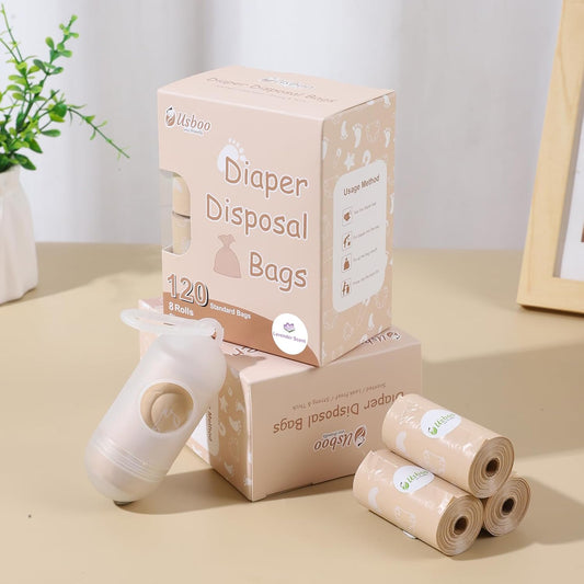 Diaper Bags Disposable For Baby, Biodegradeable Dirty Diaper Bags (8 Refill Rolls/120 Bags) With Dispenser, Leak Proof Diaper Trash Bags, Baby Poop Bags, Lavender Scent