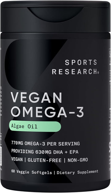 Sports Research Vegan Omega-3 Fish Oil Alternative From Algae Oil - Highest Levels Of Vegan Dha & Epa Fatty Acids | Non-Gmo Verified & Vegan Certified - Fresh Lemon Scent - 60 Veggie Softgels
