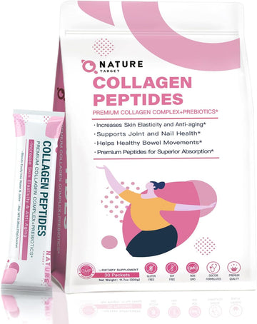 Nature Target Multi Collagen Peptides Powder - Type I, Ii, Iii, V, X - Enhanced Absorption, Hydrolyzed Collagen Peptides With Prebiotics, Sugar-Free, Skin Hair Nail & Joint Support, Non-Gmo