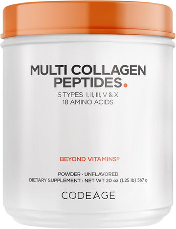 Codeage Multi Collagen Protein Powder Peptides, Hydrolyzed Collagen For Women & Men, Collagen Supplements, Grass Fed Bone Broth, 2-Month Supply, Unflavored, Type 1, 2, 3, 5 & 10, Non-Gmo - 20 Oz