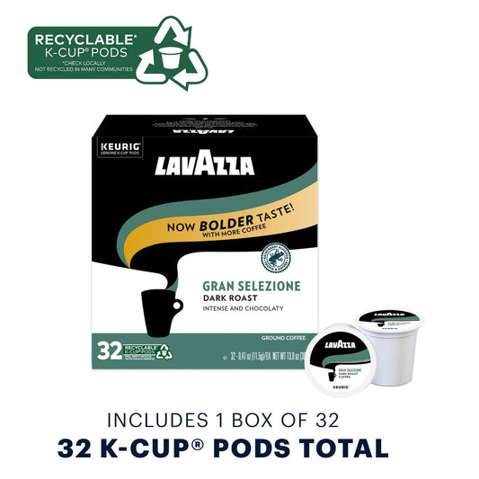 Lavazza Gran Selezione Single-Serve Coffee K-Cup® Pods for Keurig® Brewer, Dark Roast, 32Count Box, (Pack Of 4) 100% Arabica, Rainforest Alliance Certified 100% sustainably grown, Value Pack