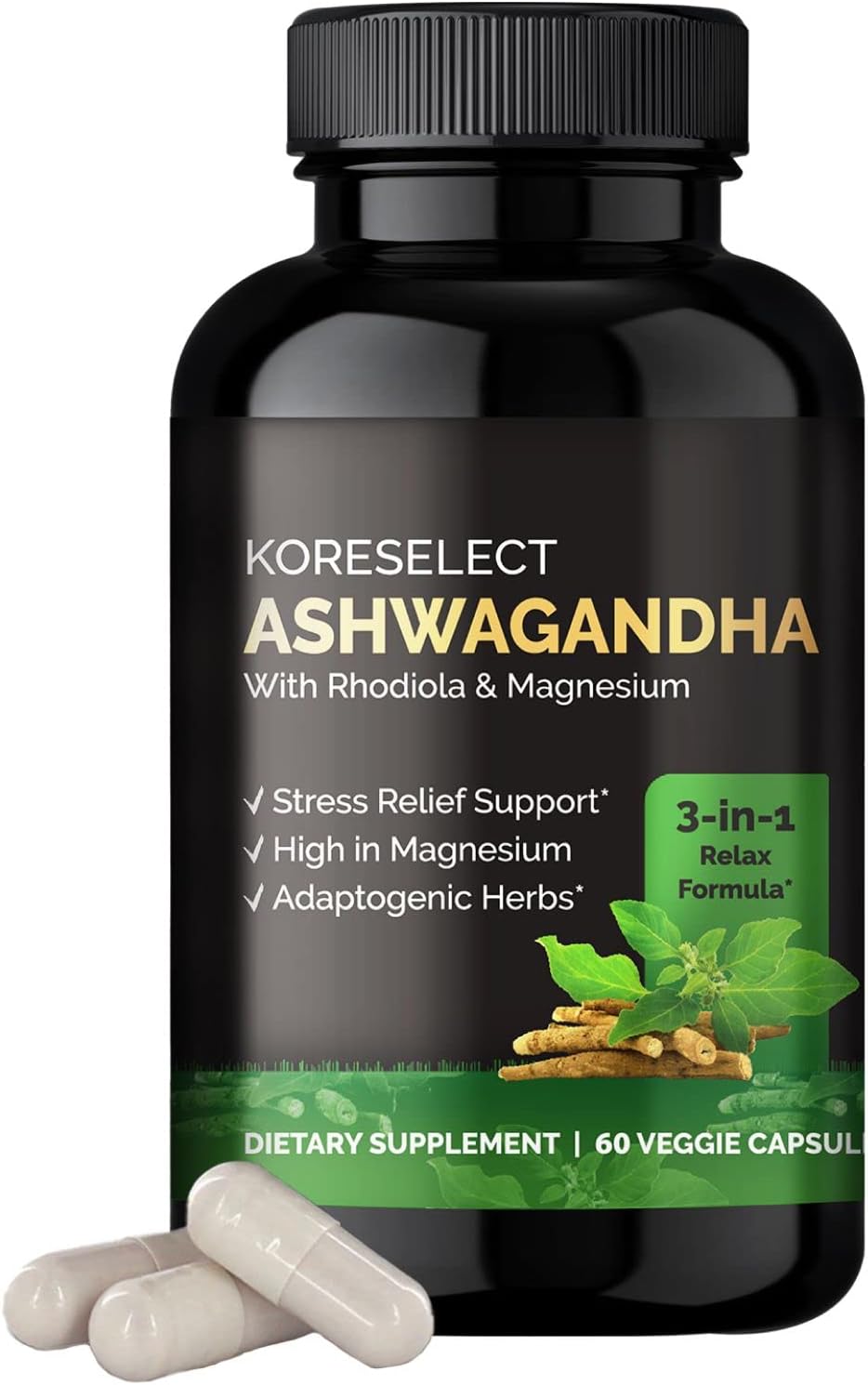 Ashwagandha 250mg Capsules with Magnesium & Rhodiola Rosea - 5% Withanolides, Natural Mood Suport, Adaptogens Supplement, Boost Energy & Focus - Vegan 60 Caps