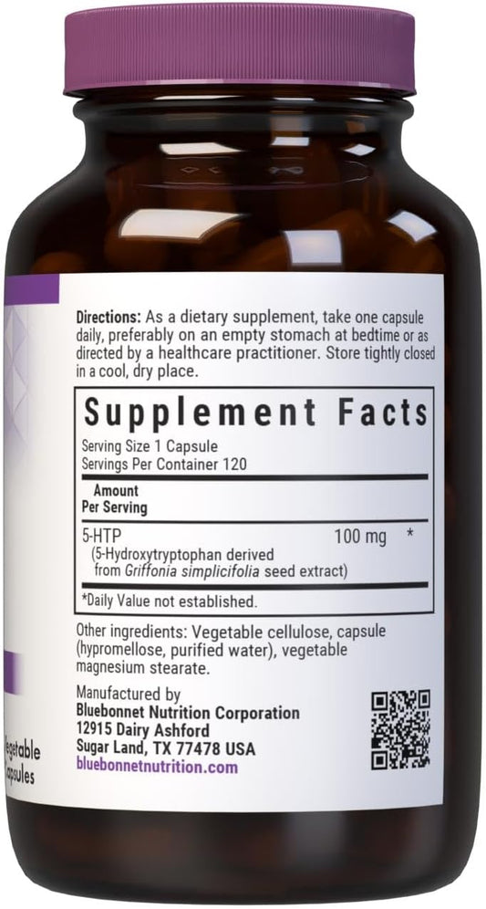 Bluebonnet Nutrition 5-Htp(Hydroxytrypophan) 100Mg, For Neurotransmitter Support*, Supports Positive Mood*, Soy-Free, Gluten-Free, Non-Gmo, Kosher Certified, Vegan, White,120 Vegetable Capsule