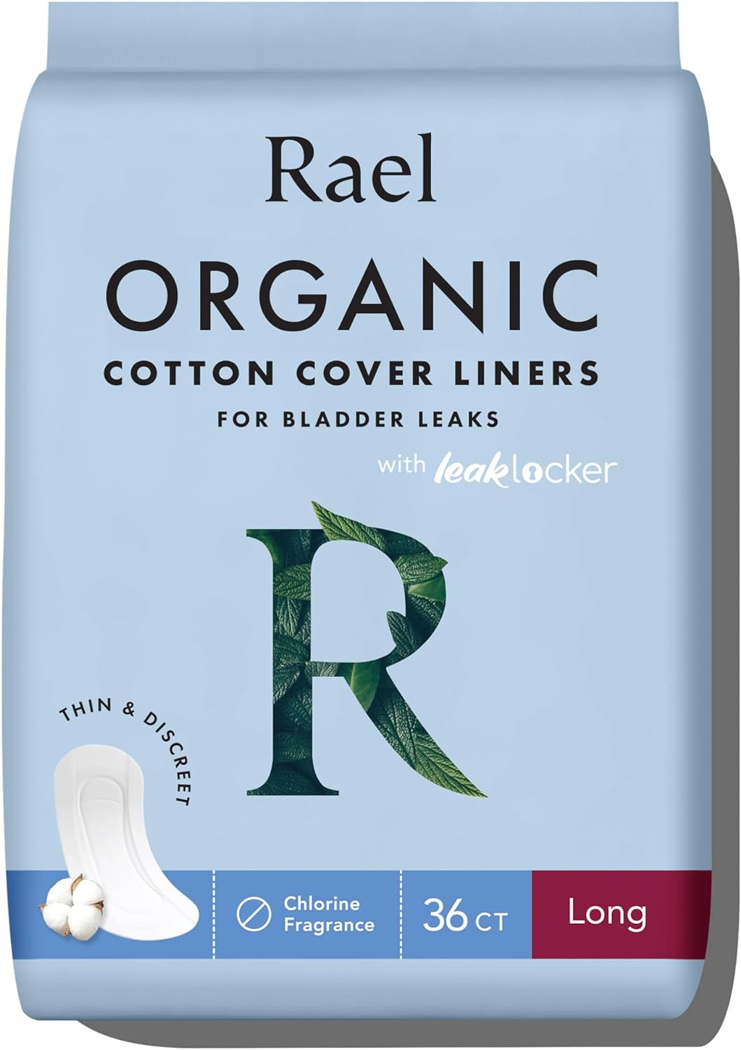 Rael Incontinence Liners for Women, Organic Cotton Cover - Postpartum Essential, Regular Absorbency, Bladder Leak Control, 4 Layer Core with Leak Guard Technology, (Long, 36 Count)
