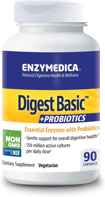 Enzymedica, Digest Basic + Probiotics, Gentle Enzymes for Digestive Health, Breaks Down Carbs, Fats and Proteins with Protease, Amylase and Lipase, 750 Million CFU, Vegetarian, 90 Capsules