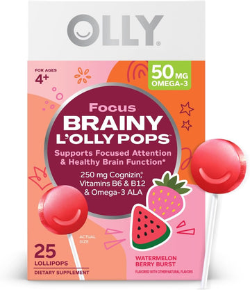 Olly Focus Buddies L’Olly Pops, Omega-3 Ala, B6, B12, Cognizin®, Kids Supplement Lollipops To Supports Focused Attention & Healthy Brain Function, Vegetarian, Watermelon Strawberry, 25 Count