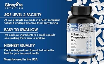Magnesium Potassium Supplements W/Zinc - 90 Capsules - Magnesium Potassium Zinc For Vascular Health – High Absorption Vegan Potassium Magnesium Supplement For Leg Cramps & Sleep