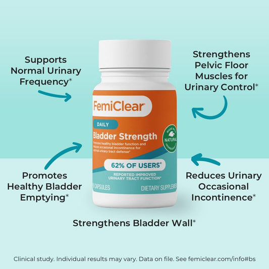 FemiClear Bladder Strength Supplement | Bladder Control, Incontinence and Urinary Tract Infection Support | 60 Capsules, 30 Day Supply | Made with All-Natural Ingredients | Manufactured in USA