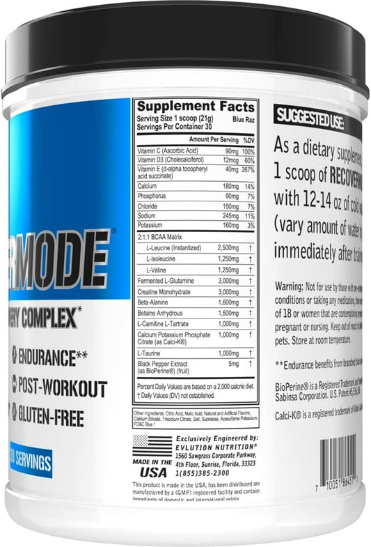 Evlution Nutrition Recover Mode- Complete Post Workout With Bcaas, Immunity Support, Vitamin C, D & E, Electrolytes, Hydration, Creatine, Glutamine, Beta-Alanine, L-Carnitine, 30 Serve, Blue Raz