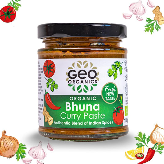 Geo Organics Bhuna Curry Paste 180G (Pack Of 1) Serves 4 | Organic Curry Paste | Certified Organic & Vegan-Friendly Indian Curry Paste | Authentic Restaurant Recipe Base Vegan Food