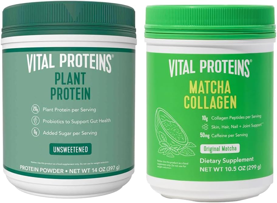 Vital Proteins Matcha Collagen Peptides Powder 10.5 oz + 14 oz Unsweetened Plant Protein Powder