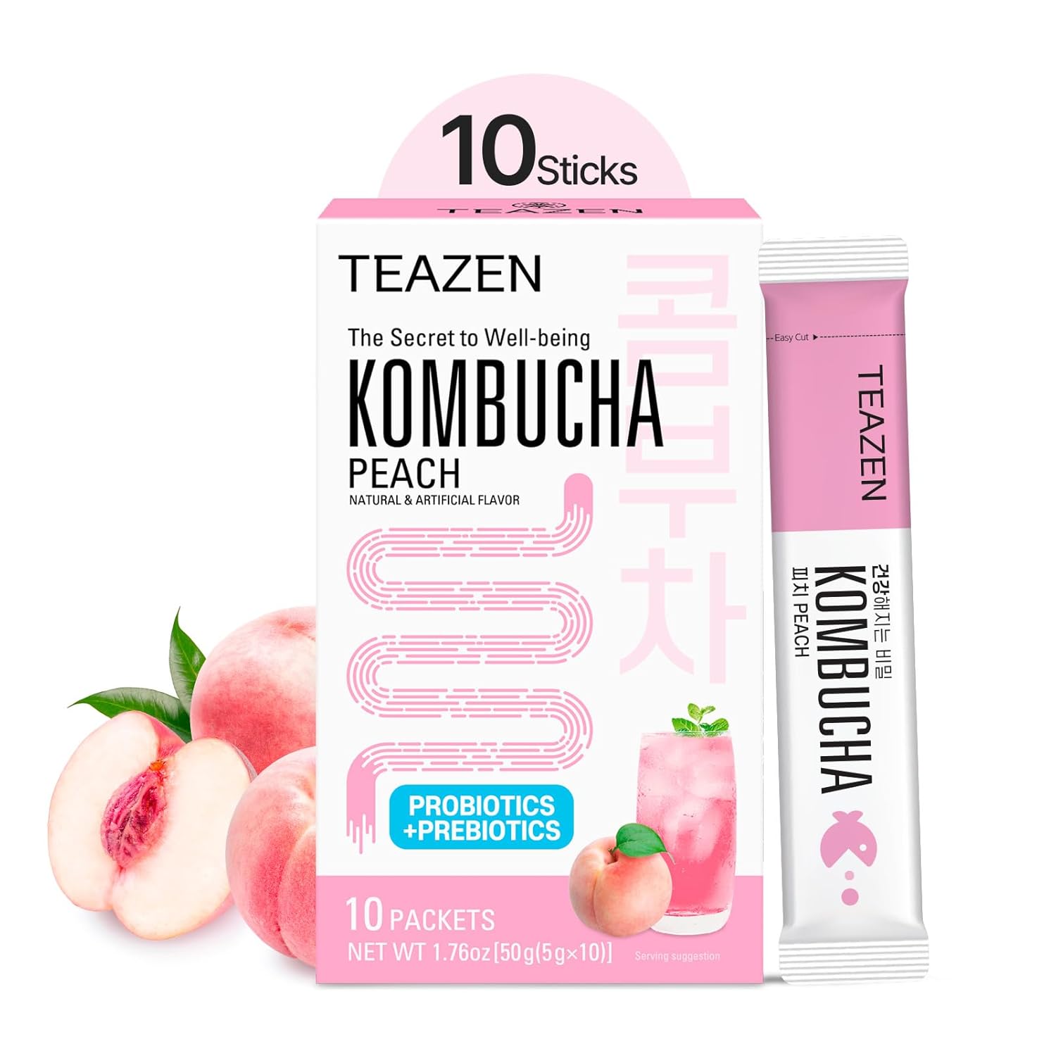 Teazen Peach Kombucha Tea, Hydration Drink Mix, Sugar Free, Live Probiotics & Prebiotics, 10 Sticks, 1.76Oz