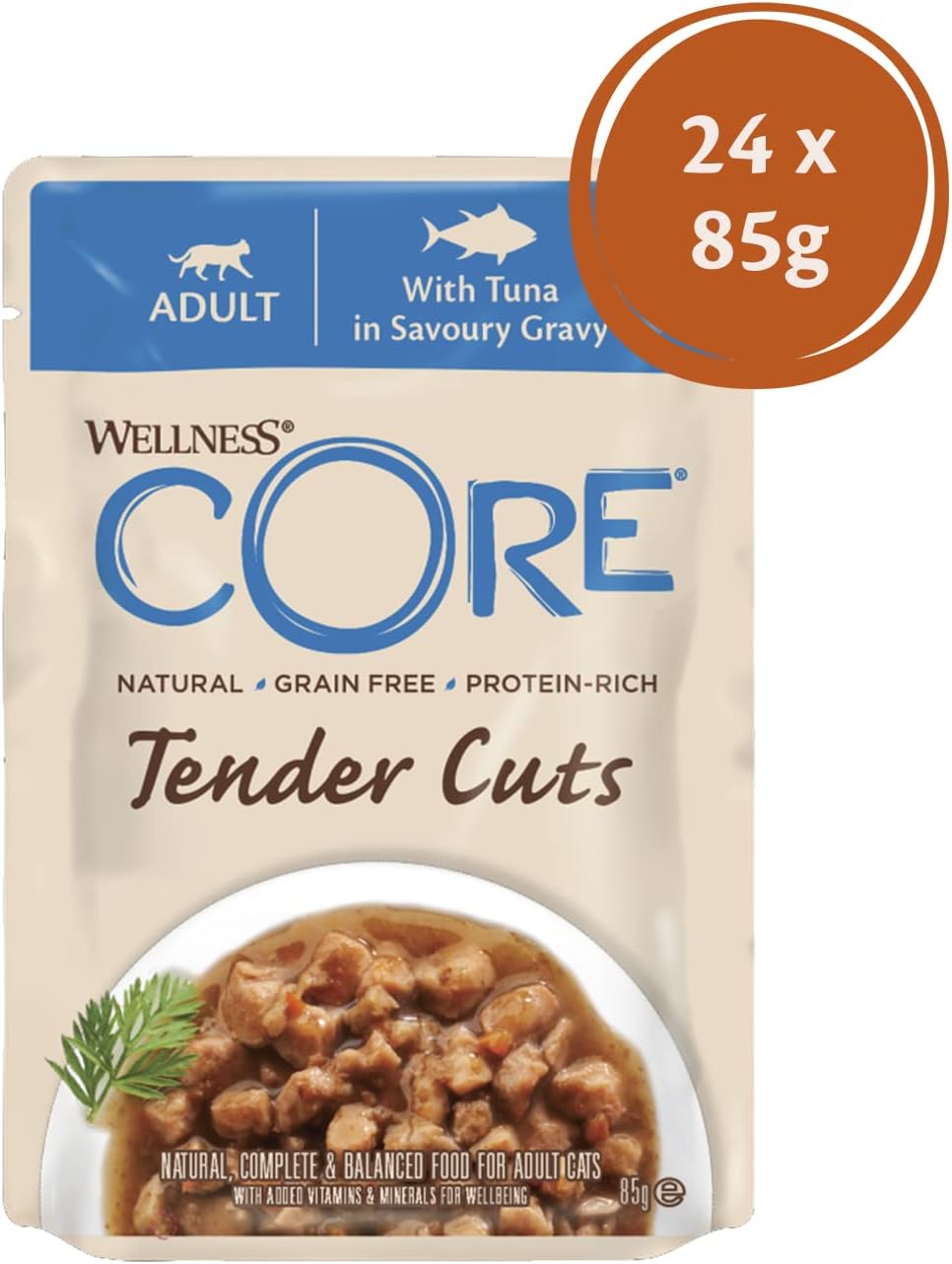 Wellness CORE Tender Cuts, Wet Cat Food, Cat Food Wet with Tender Pieces in Sauce, Grain Free, High Meat Content, Tuna, 24 x 85 g :Pet Supplies