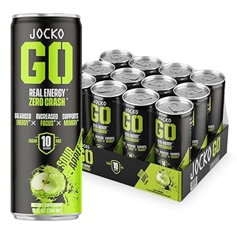 Jocko Go Energy Drink - Keto, Vitamin B12, Vitamin B6, Electrolytes, L Theanine, Magnesium- All Natural Energy Boost, Sugar Free Nootropic Monk Fruit Blend - 12 Pack (Sour Apple Flavor)