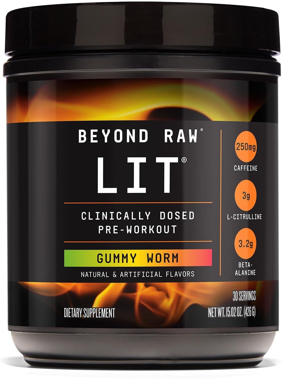 Beyond Raw Lit Pre Workout Powder Supplement For Men And Women, Energy, Focus, Endurance, Pumps, Nitric Oxide Boost, 250Mg Caffeine, Creatine, Beta Alanine, Gummy Worm, 30 Servings