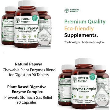 Natural Nutra Papaya Chewable Plant Enzymes Blend for Digestion 90 Chewable Vegan Tablets and Plant Based Digestive Enzyme Complex with Herbs 90 Vegan Capsules for Digestion, Prevents Stomach