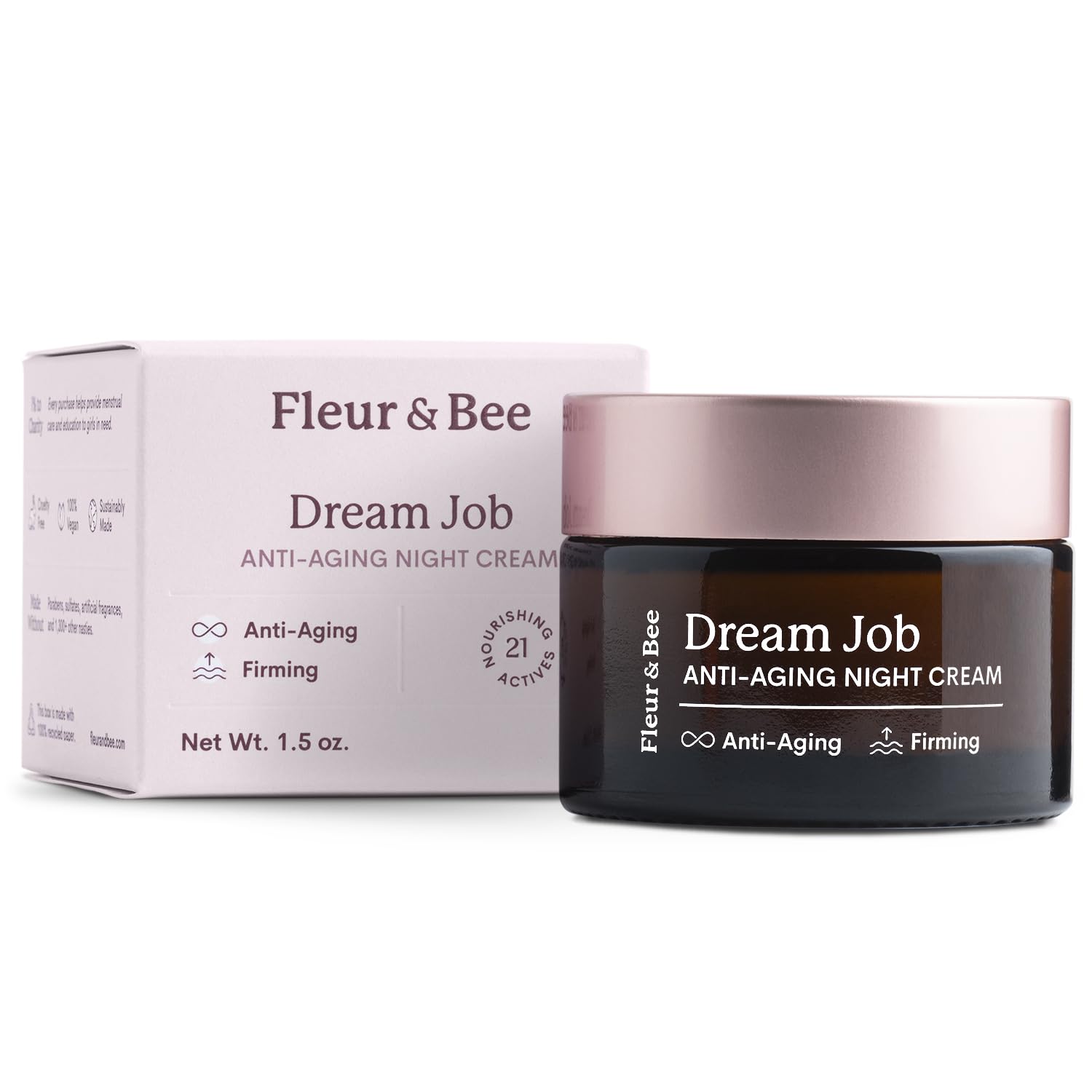 Fleur & Bee Anti Aging Night Cream | Clean, 100% Vegan | Overnight Repair Face Cream To Improve Fine Lines And Wrinkles | Dream Job 1.5 Oz