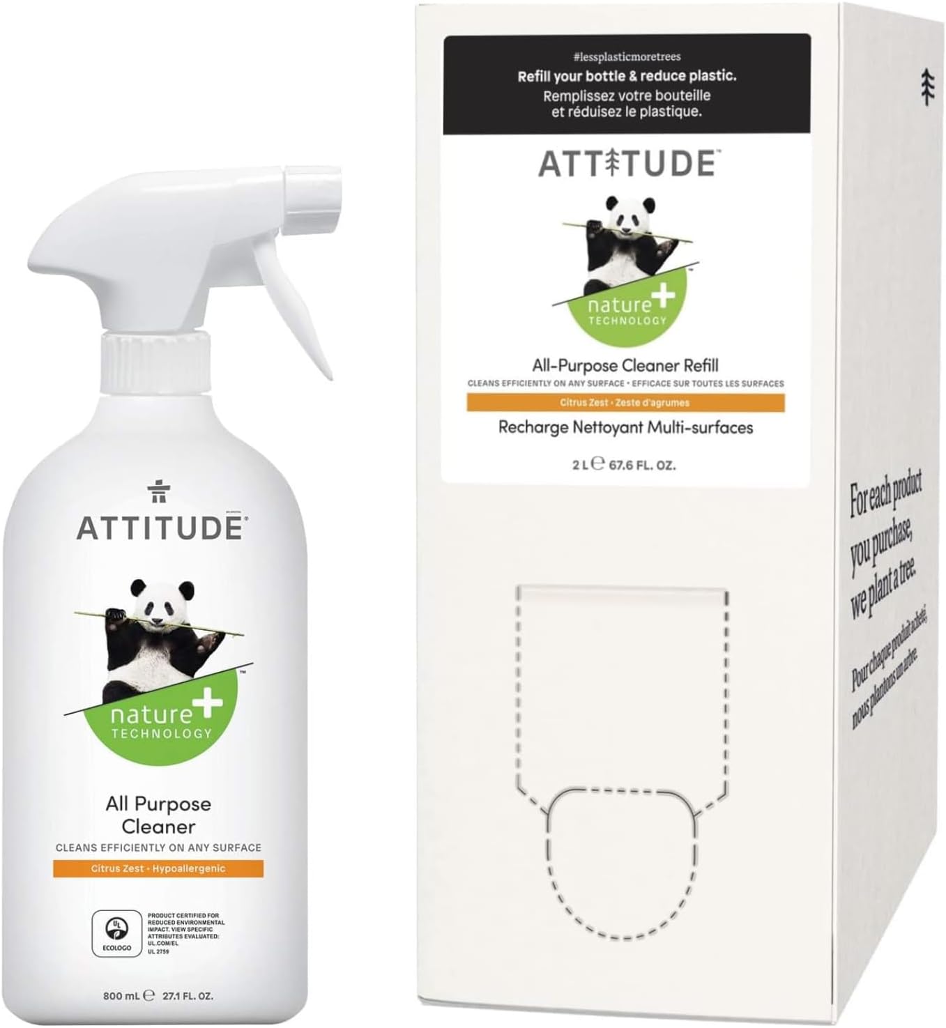 Bundle Of Attitude Multipurpose Spray Cleaner, Efficient Multi-Surface Plant & Mineral-Based Formula, Vegan And Cruelty-Free, Citrus Zest, 27.1 Fl Oz + Bulk Refill 67.6 Fl Oz