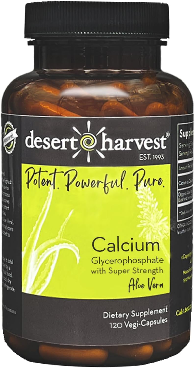 Desert Harvest Calcium Glycerophosphate Supplement with Aloe Vera for Absorption, 230 mg per Capsule, 120 Capsules - Removes Up to 95% of Acid in Food & Drinks