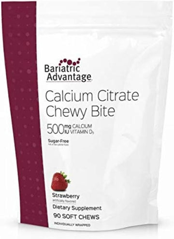 Bariatric Advantage Calcium Citrate Chewy Bites 500 Mg - For Bariatric Surgery Patients - Vitamin D3 - Sugar-Free Chewable Calcium Supplement - Bariatric Chews - Strawberry Flavor - 90 Count