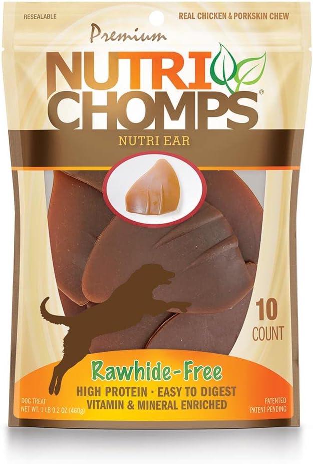 Nutrichomps Dog Chews, Ear-Shaped, Easy To Digest, Rawhide-Free Dog Treats, 10 Count, Real Chicken Flavor