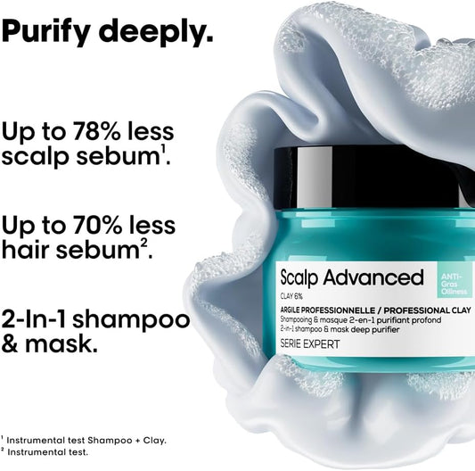 L'Oréal Professionnel Scalp Advanced, Professional Clay Anti-Oiliness 2-In-1 Deep Purifier Shampoo And Hair Mask, For Oily And Greasy Hair, Serie Expert, 250Ml