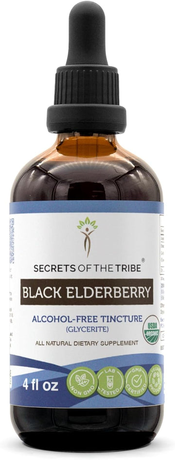 Secrets Of The Tribe Black Elderberry Alcohol-Free Tincture (Glycerite) 680 Mg Usda Organic Black Elderberry (Sambucus Nigra) Dried Berry (4 Fl Oz) Immune Support Supplement