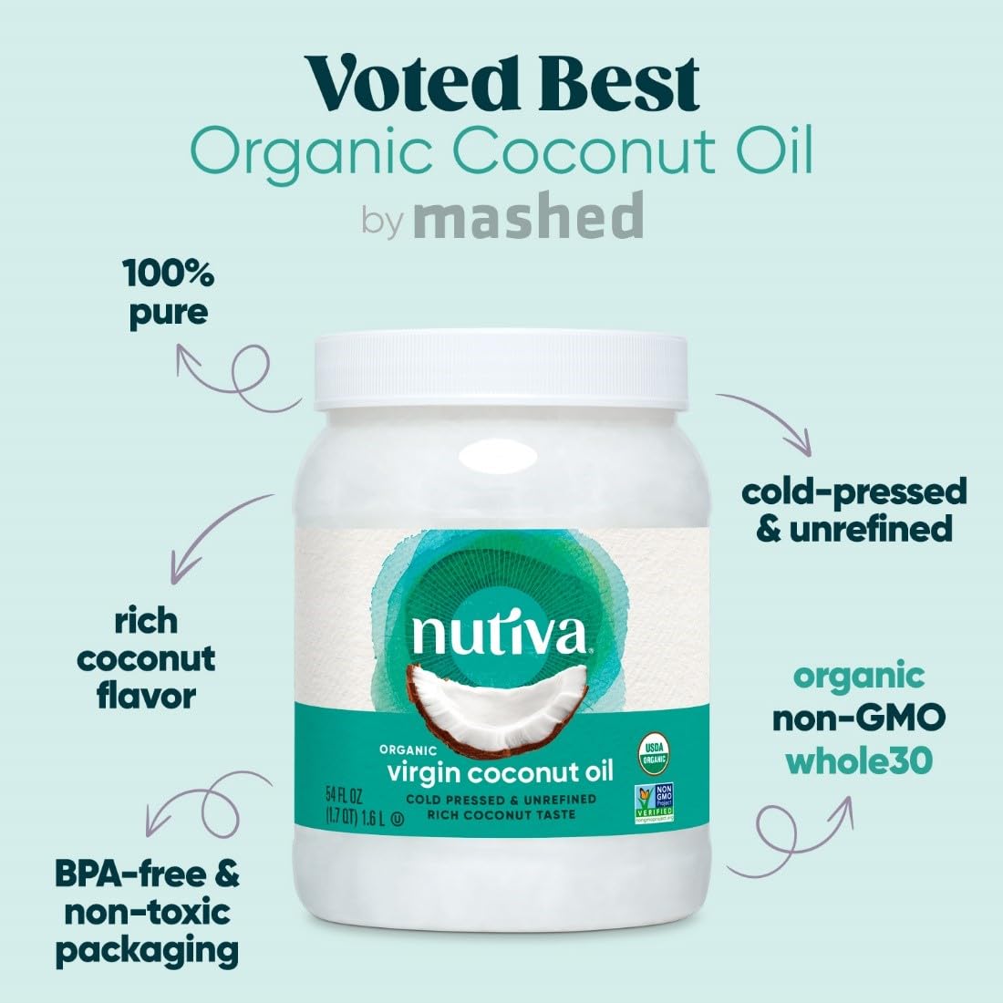 Nutiva Organic Coconut Oil 54 fl oz, Cold-Pressed, Fresh Flavor for Cooking, Natural Hair, Skin, Massage Oil and, Non-GMO, USDA Organic, Unrefined Extra Virgin Coconut Oil (Aceite de Coco) : Grocery & Gourmet Food