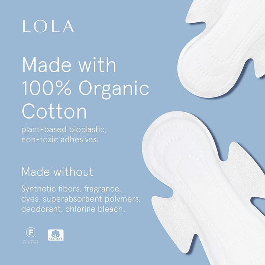 LOLA Organic Cotton Pads, 12 Pads - Ultra Thin Pad with Wings, Cotton Organic Pads for Women, HSA FSA Approved Products Feminine Care, Heavy & Regular