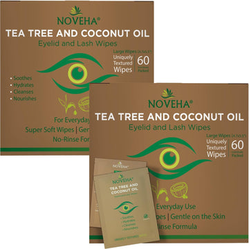 Noveha Tea Tree & Coconut Oil Eyelid & Lash Wipes | For Demodex, Blepharitis & Itchy Eyes, 2 Boxes Of 60 Individually Wrapped Eyelash Wipes With Aloe Vera, Natural Makeup Remover & Daily Eye Cleanser