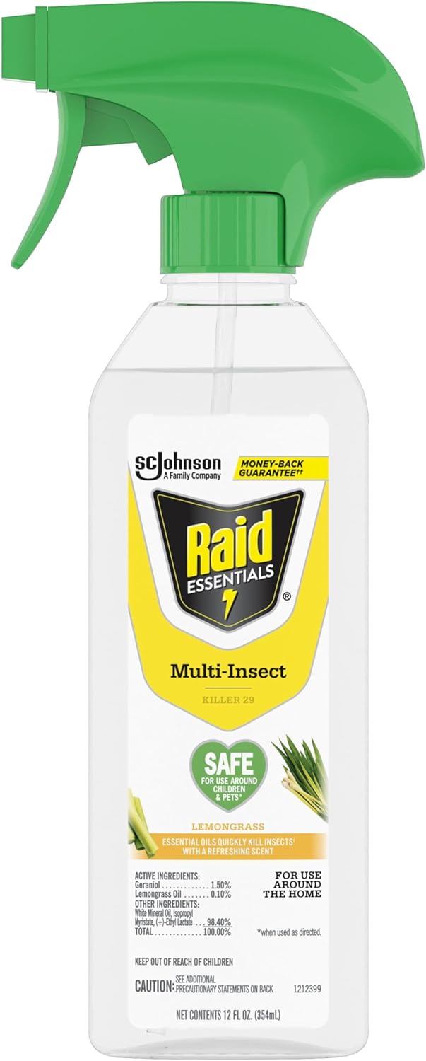 Raid Essentials Multi-Insect Killer Spray Bottle, Child And Pet Safe, For Indoor Use, Lemongrass Scent, 12 Fl Oz