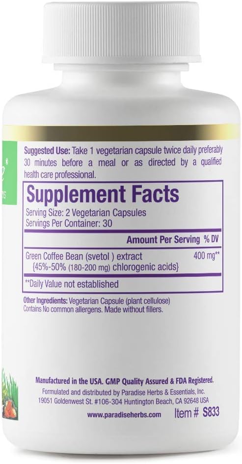 Paradise Herbs Svetol, Green Coffee Bean Extract, Active Plant Extract, Vegan, Non GMO, Gluten Free, 60 Count Vegetarian Capsules : Health & Household
