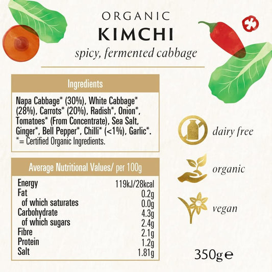 Biona Organic Kimchi 350 G, Pack Of 6 - Fresh, Naturally Fermented Organic Vegetables - Napa And White Cabbage - With Spicy Chilli - Naturally Vegan - No Additives