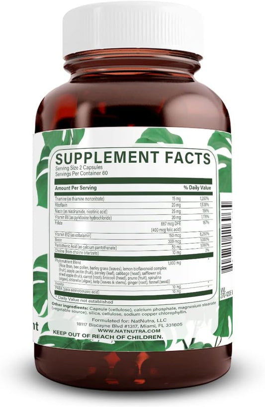 Natural Nutra Vitamin B Complex With Niacin, Folate, Thiamin, Biotin, Supports Nervous System Health, Skin, Eyes And Hair Health, Whole Food Supplement, 120 Vegetarian Capsules