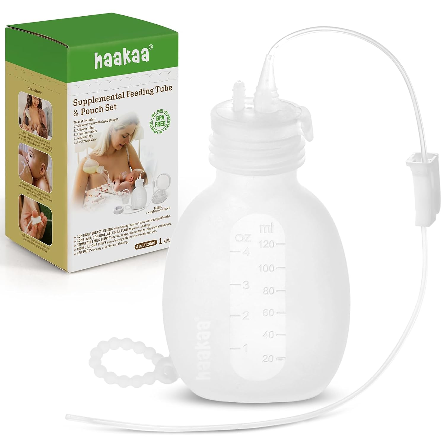 Haakaa Supplemental Feeding Tube & Pouch Set,Baby Supplemental Nursing System,Sns Breastfeeding System,Food Grade Silicone